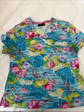 koi Bright Aqua Blue Floral V-Neck Scrub Top
